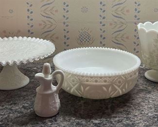 Fenton Cake Stand, Westmoreland Footed Vase And Mini Decanter And Large White Glass Bowl