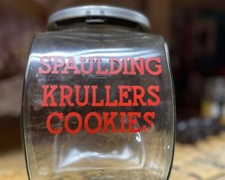 Vintage SPAULDING KRULLERS-COOKIES Advertising Glass Jar Side Loading