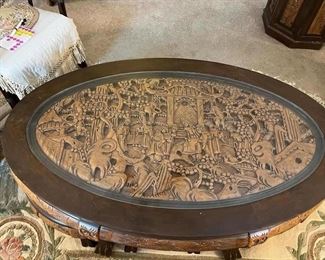 Hand carved Mid-Century Asian Coffee table with 6 nesting stools. 