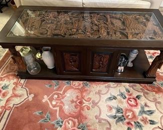 Large, rectangular, Mid-Century hand carved Asian table. Notice the legs on this one.