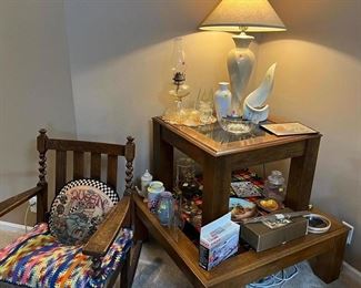 Antique rocking chair, Set of tables, 3 lamps total, misc. items. 