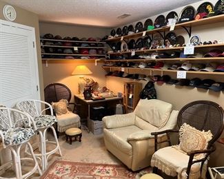 2 Swivel wicker stools, 2 wicker chairs, 2-foot stools, Cuckoo clock, clock, Baseball caps, mini football helmets, much more. 