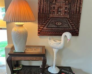 Mid-Century hand carved tables. Wicker bird.  Taj Mahal tapestry.