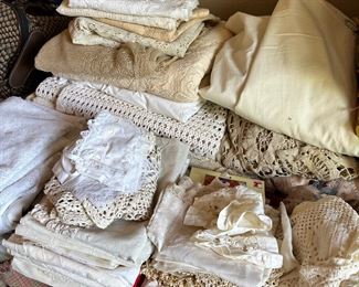 Vintage lace table cloths, doilies, dresser scarves, and more