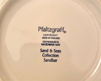 Pfaltzgraff
Sand & Seas Collection
16 dinner plates   16 1/2” rectangular platter
15 luncheon plates
butter dish
2 vegetable dishes
2 modular vegetable bowls 
15 mugs
16 cereal bowls
2 relish dishes
sm rectangular platter  
2 salt pepper sets
creamer sugar  
round serving bowl