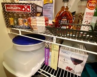 Wine glasses new in box, condiments, cookbooks, pyrex