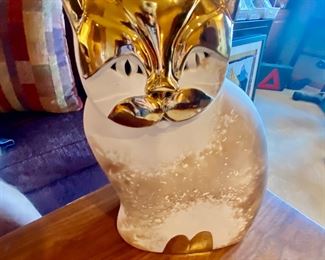 Gold faces pottery cat and mouse  Pauline Pelletier signed