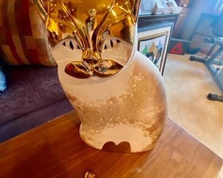 Gold faces pottery cat and mouse  Pauline Pelletier signed