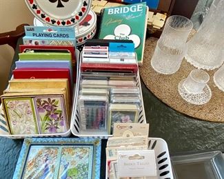 Bridge score cards, playing card, appetizer plates, boxed games