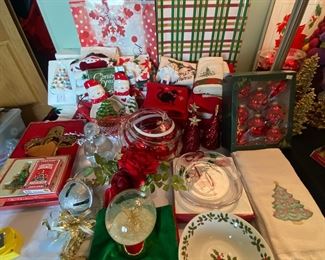Holiday decor, New linens, ornaments, trays, bowls