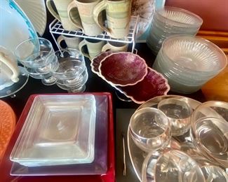 Glass salad set, pottery mugs