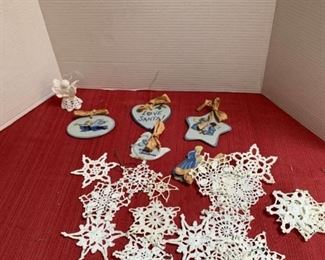 Crocheted Christmas ornaments and stoneware ornaments