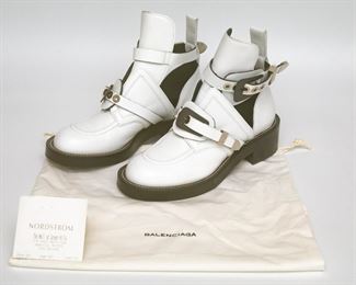 Size 38.5 Balenciaga Warto Ceinture Buckle Cut Out White Ankle Boot