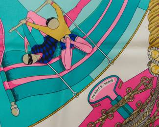 Detail on the Hermès, a 'Circus' silk scarf, designed by Annie Faivre, 1983.  90 x 90 cm