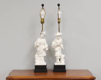 Fabulous pair of c. 1973 Chapman chinoiserie blanc de chine lamps shown without their original shades
