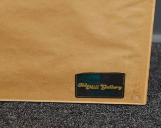 Framing label on the Indo-Persian Mughal style oil painting on fabric depicting Radha and Krishna