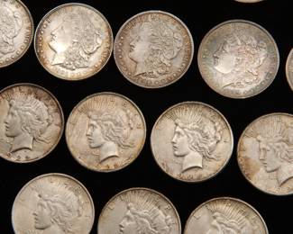 Detail on the Twenty Five old silver dollars, eighteen (18) Morgan Silver Dollars and seven (7) Peace Silver Dollars