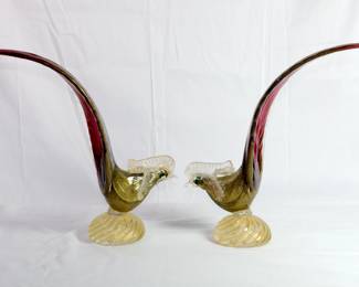 Detail of the mid century Murano Glass handblown pheasant figures retaining their original labels
