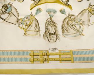 Detail of Hermès, "Panache & Fantaisie" silk scarf, designed by Hugo Grygkar in 1958.