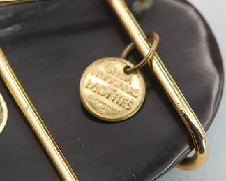 Label on the vintage Signed Gerda Lynggaard Pour Monies Copenhagen brooch, horn wrapped with gold plated wire