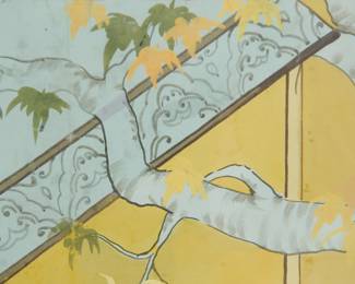 Detail on the large Indo-Persian Mughal oil painting on fabric painting depicting a courtyard scene with a falconer