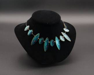  Gorgeous and rare signed mid century Audrey & Robert Engstrom enamel on copper Atomic Fish necklace and earring set