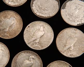 Detail on the Twenty Five old silver dollars, eighteen (18) Morgan Silver Dollars and seven (7) Peace Silver Dollars