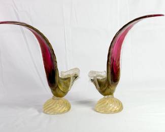 Detail of the mid century Murano Glass handblown pheasant figures retaining their original labels