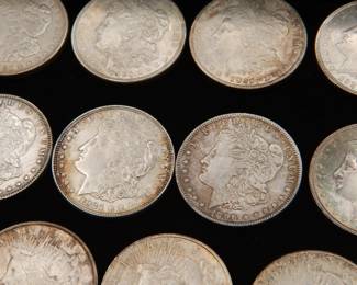 Detail on the Twenty Five old silver dollars, eighteen (18) Morgan Silver Dollars and seven (7) Peace Silver Dollars