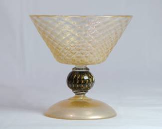 I.V.R. Mazzega 1960's Murano glass compote.  The factory mainly produced on order. They worked with the best glass blowers and artists of the era, including Ermanno Nason, Luigi Scarpa Croce, Aldo Bergamini, Fulvio Bianconi, Carlo Scarpa, Renzo Burchiellaro, Anzolo Fuga, Marc Chagall, Pablo Picasso, Gio Ponti, George Braque and Jean Cocteau.