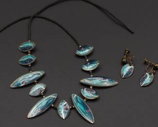 Gorgeous and rare signed mid century Audrey & Robert Engstrom enamel on copper Atomic Fish necklace and earring set
