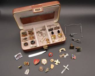 Collection of men's jewelry including Chinese sterling silver abacus cuff links, Christian Dior cuff links, and studs and multiple vintage pairs of cuff links
