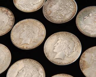 Detail on the Twenty Five old silver dollars, eighteen (18) Morgan Silver Dollars and seven (7) Peace Silver Dollars