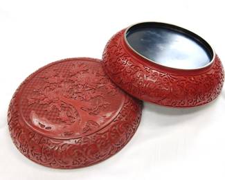 Detail of the large Chinese carved cinnabar round covered box