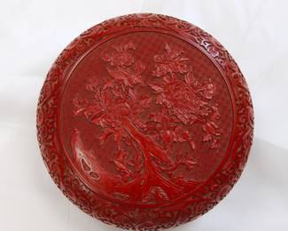 Large Chinese carved cinnabar round covered box