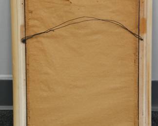 Reverse side of the mid century oil painting of a skyscraper being built, probably from Detroit, Michigan