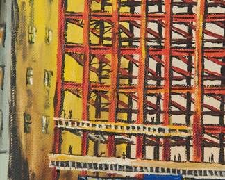 Detail of the mid century oil painting of a skyscraper being built, probably from Detroit, Michigan
