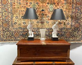 Semi-antique room size Persian Sarouk rug, 1970's Marbro Lamp Company blanc de chine lamps, old copper bound cedar chest, and 1930's American glass vase