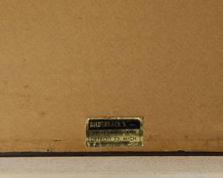 Framer's label on the mid century oil painting of a skyscraper being built, probably from Detroit, Michigan