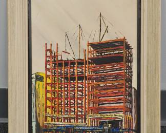 Mid century oil painting of a skyscraper being built, probably from Detroit, Michigan