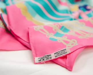 Label on the Hermès, a 'Circus' silk scarf, designed by Annie Faivre, 1983.  90 x 90 cm