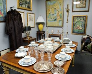 Service for 12 of Wedgwood Queen's Ware in cream with blue.