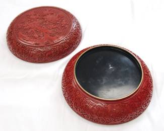 Detail of the large Chinese carved cinnabar round covered box