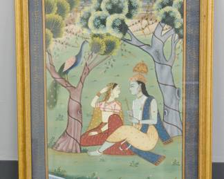 Indo-Persian Mughal style oil painting on fabric depicting Radha and Krishna
