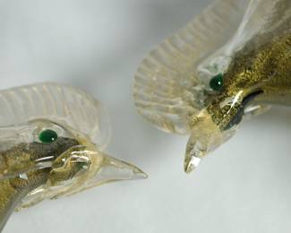 Detail of the mid century Murano Glass handblown pheasant figures retaining their original labels