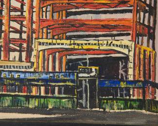 Detail of the mid century oil painting of a skyscraper being built, probably from Detroit, Michigan