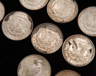 Detail on the Twenty Five old silver dollars, eighteen (18) Morgan Silver Dollars and seven (7) Peace Silver Dollars