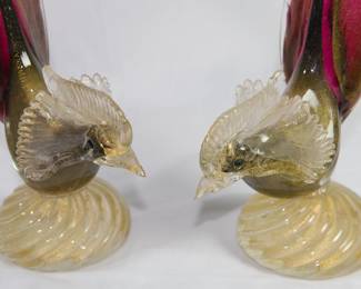 Detail of the mid century Murano Glass handblown pheasant figures retaining their original labels