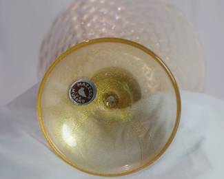 Underside of base showing original label of the I.V.R. Mazzega 1960's Murano glass compote.  
