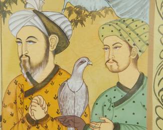 Detail of falconer on the large Indo-Persian Mughal oil painting on fabric painting depicting a courtyard scene with a falconer